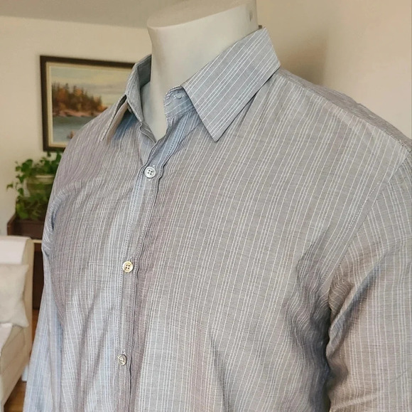 🇩🇪HUGO BOSS Grey Shirt, Light  Blue Lines - Picture 6 of 10